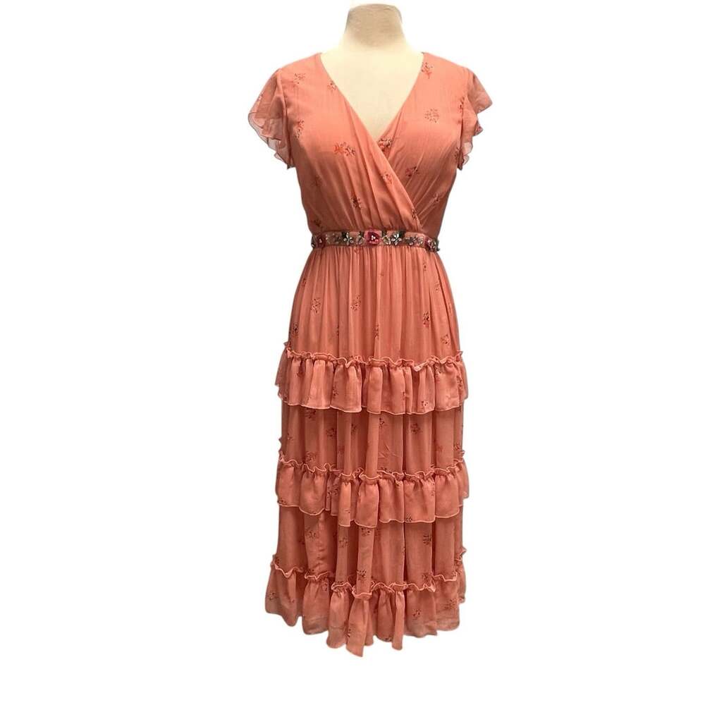 Mac Duggal Floral Ruffle Midi Dress 8 Apricot Beaded Waistband Tiered Faux Wrap